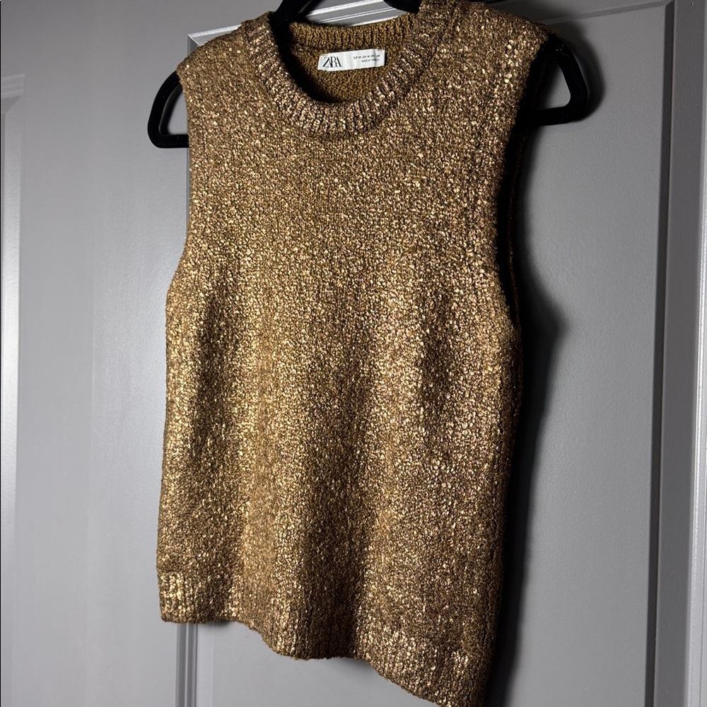ZARA Metallic Gold Knit Sleeveless Sweater Tank Top Brown Size M - Picture 5 of 6